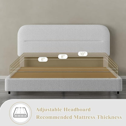 HOMBCK King Size Boucle Bed Frame, White Upholstered Platform King with Soft Headboard, Thickened Footboard, Rounded Corners, No Box Spring Required, Easy Assembly, White