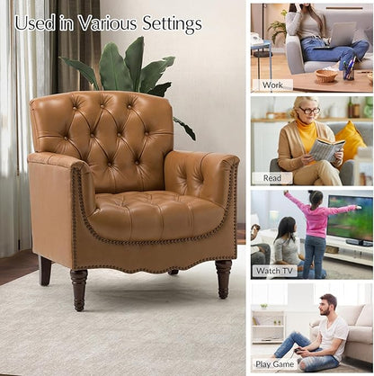 HULALA HOME Mid Century Modern Leather Club Chairs, Top-Grain Genuine Leather Armchairs with Button-Tufted Back & Solid Wood Legs, Accent Chairs for Living Room/Bedroom/Home Office, Camel