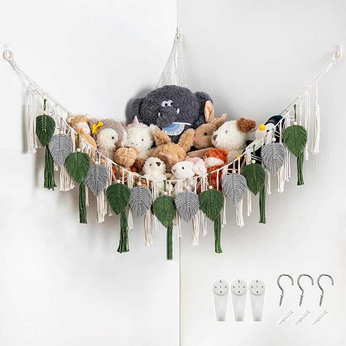 Pretty Jolly Stuffed Animal Storage with Hand Woven Leaf Tassels Hammock Corner Hanging Net Boho Macrame Plush Storage for Kid Room Nursery Decor Wall Display for Girls Gift(Gray&Green)