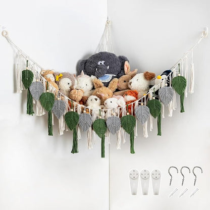 Pretty Jolly Stuffed Animal Storage with Hand Woven Leaf Tassels Hammock Corner Hanging Net Boho Macrame Plush Storage for Kid Room Nursery Decor Wall Display for Girls Gift(Gray&Green)