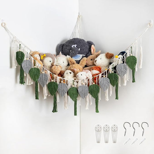 Pretty Jolly Stuffed Animal Storage with Hand Woven Leaf Tassels Hammock Corner Hanging Net Boho Macrame Plush Storage for Kid Room Nursery Decor Wall Display for Girls Gift(Gray&Green)