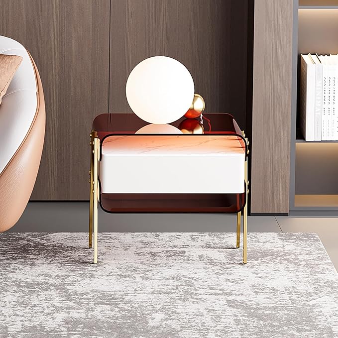 homary Modern Lighted Nightstand with Wireless Charging Station, Acrylic Shelves and Motion Sensor LED – Smart Bedside Table with Leather Drawer and Stainless Steel Legs