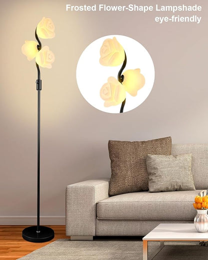 Dimmable Flower Floor Lamp, Modern Black Pole Standing Lamps with 3 Soft Warm White 3000K Bulbs, Mid Century Unique Floral Floor Lamp for Living Room Bedroom Home Decor