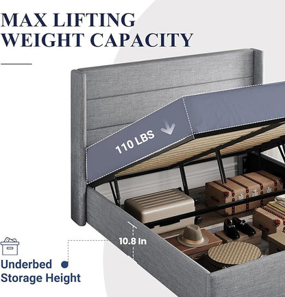 Allewie Full Size Lift Up Storage Bed, Modern Wingback Headboard, Hydraulic Support, No Box Spring Needed, Light Grey