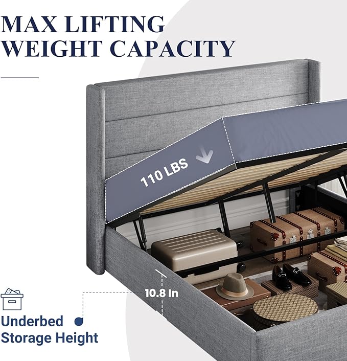 Allewie Queen Size Lift Up Storage Bed, Modern Wingback Headboard, Hydraulic Support, No Box Spring Needed, Light Grey