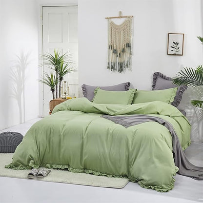 CLOTHKNOW Green Ruffles Comforter Sets Full 3Pcs Farmhouse Bedding Comforter Sets Soft Shabby Chic Comforter with 2 x Pillow Cases