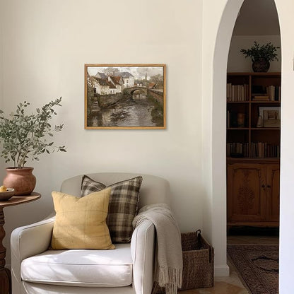 KBKBART Vintage Wall Art, Retro European Village Country Framed Canvas Art Prints Painting Farmhouse Decor, Rustic Impressionism Scenic Landscape Wall Decor for Bathroom, Bedroom Living Room, Vintage Wall Decor(9"x11")