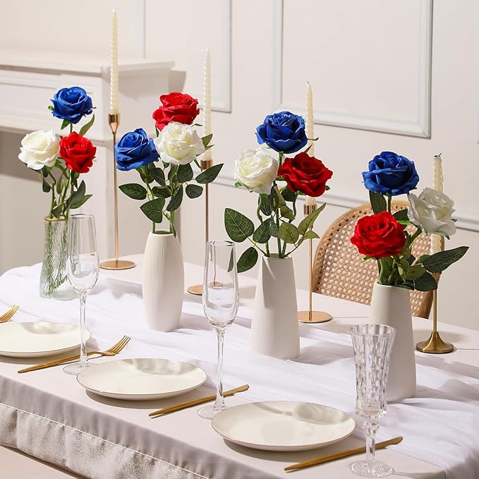 Nubry 50pcs Artificial Silk Roses Bulk,Fake Roses Flower with Stems Realistic Flowers for Wedding Centerpiece Home Party Decor(Red,White,Blue)