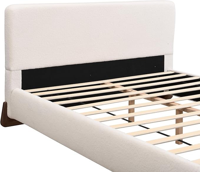 King Size Bed Frame, Upholstered Cloud Boucle Platform Beds Frames with Headboard, Anti-Collision Soft Rounded Corners Footboard, No Box Spring Required, Easy Assembly (38.2" White, King)