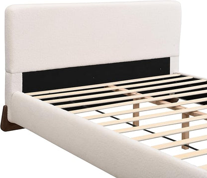 King Size Bed Frame, Upholstered Cloud Boucle Platform Beds Frames with Headboard, Anti-Collision Soft Rounded Corners Footboard, No Box Spring Required, Easy Assembly (38.2" White, King)