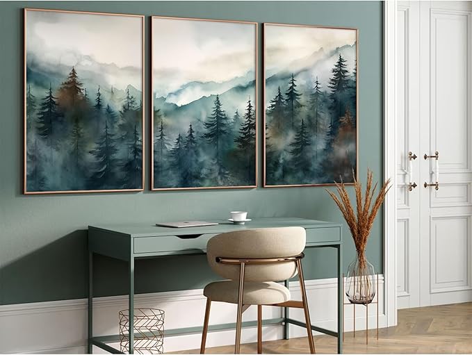 Foggy Forest Wall Art Prints Watercolor Mountain Canvas Wall Decor Landscape Nature Poster Wall Art Abstract Tree Pictures Artwork Modern Painting for Living Room Bedroom 24x36 Inch Unframed Set of 3
