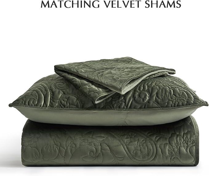 EVERGRACE Luxury Pearl Velvet Quilt Set King Size 3 Pieces, Soft Paisley-Stitch Velvet Comforter Set with Pillow Shams, Lightweight Bedspread Coverlet Bedding Set, Olive Green