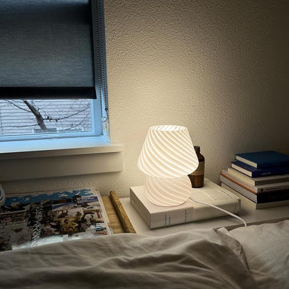 ONEWISH Mushroom Lamp-Small Table Lamp with Striped Glass, Nightstand Lamp for Bedroom, Living Room, 3000K E26 Bulb Included(White)