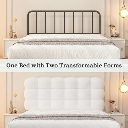 BarnFurin Full Size Bed Frame with Upholstered Headboard, Teddy Soft Boucle Fabric, Platform Bed with Strong Wooden Slats Support, Two Bed Forms Design, No Boxing Spring Needed, Easy Assembly, White