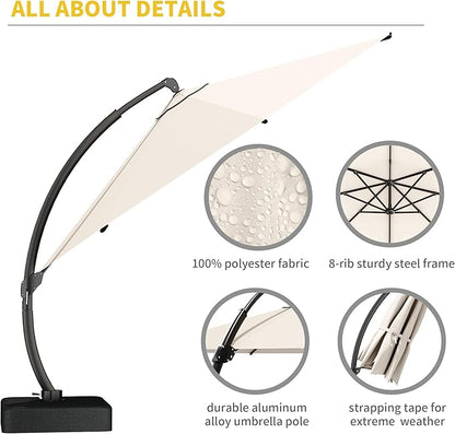 Kingdura 12ft Offset Cantilever Patio Umbrella with Base Included, Large Round Aluminum Outdoor Umbrella, 360° Rotation & Infinite Tilt, Heavy Duty Frame for Deck Pool Backyard, Creamy White