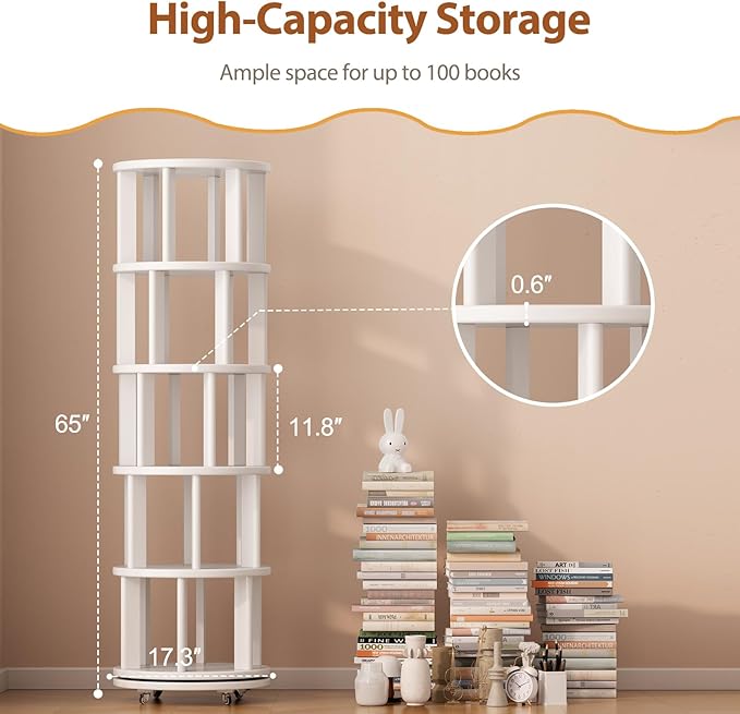 Solid Wood Rotating Bookshelf on Wheels, 5 Tier, Round Revolving Bookcase, 360° Spinning Book Shelf Tower for Kids, Narrow Rolling Bookshelves for Small Space, Corner, Bedroom, Office, White