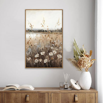 KBKBART Vintage Wall Art Framed, Retro Countryside Autumn Wildflower Field Landscape Canvas Painting Farmhouse Decor Wall Art, Rustic Fall Landscape Bathroom Wall Decor for Bedroom Living Room,