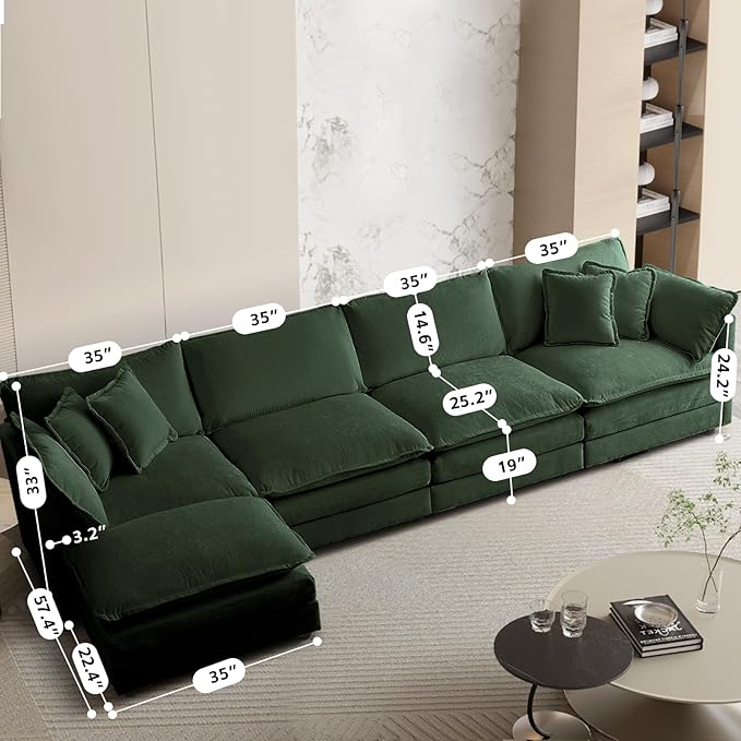 SoarFlash Chenille Sectional Sofa, Comfy L Shaped Modular Coush Sofa with Ottoman, Modern 4 Seat Couch Deep Seat Sofa Set for Living Room,Green