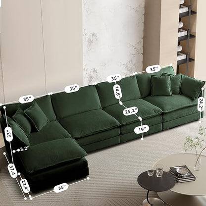 SoarFlash Chenille Sectional Sofa, Comfy L Shaped Modular Coush Sofa with Ottoman, Modern 4 Seat Couch Deep Seat Sofa Set for Living Room,Green