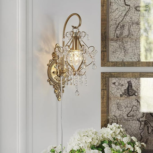 Gold Crystal Vintage Plug in Wall Sconces Set of 2 Indoor Wall Light Fixture, Modern Wall Mount Lamp Light for Bedroom Living Room Bathroom Vanity Light Hallway Light Fixture Decor LED E12