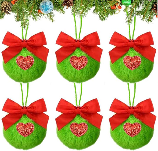 6 Pack Lime Green Furry Christmas Ball Ornaments with Red Bow, 2.36 Inches Soft Fluffy-Pom-Pom Xmas Tree Hanging Decor for Holiday Home Party Fireplace Wall Decoration(Red Bow)