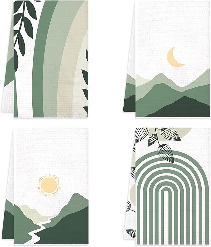 Boho Kitchen Dish Towels 4 Pack Mountains Rivers Absorbent Decorative Tea Towels