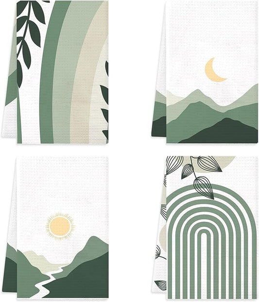 Boho Kitchen Dish Towels 4 Pack Mountains Rivers Absorbent Decorative Tea Towels