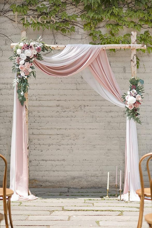 Ling's Moment Pink Mauve Artificial Wedding Arch Flowers Kit Pack of 4, 2pcs Hanging Flower Arrangement 2pcs Chiffon Drapes Spring Ceremony Reception Fake Rose Arbor Backdrop Floral Outdoor Decor
