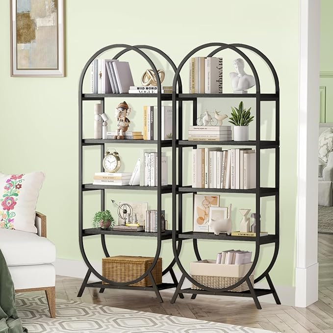 Arched Bookshelf,5-Tier Tall Wide Open Bookcase, Modern Storage Book Shelves, Freestanding Display Rack Shelving Unit for Office, Bedroom, Living Room, Easy Assembly, Black