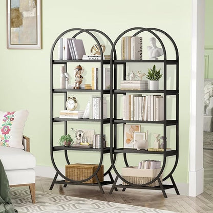 Arched Bookshelf,5-Tier Tall Wide Open Bookcase, Modern Storage Book Shelves, Freestanding Display Rack Shelving Unit for Office, Bedroom, Living Room, Easy Assembly, Black