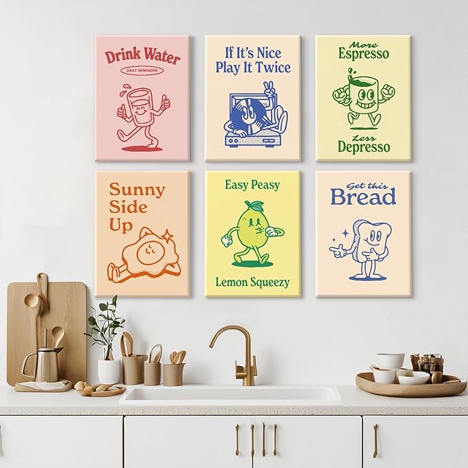 Youillne Retro Trendy Wall Art Decor Kitchen Aesthetic Canvas Art Prints Vintage Cute Pictures Funny Green Pink Yellow Blue Cartoon Wall Art Set of 6 8x10 Inch Ready to Hang