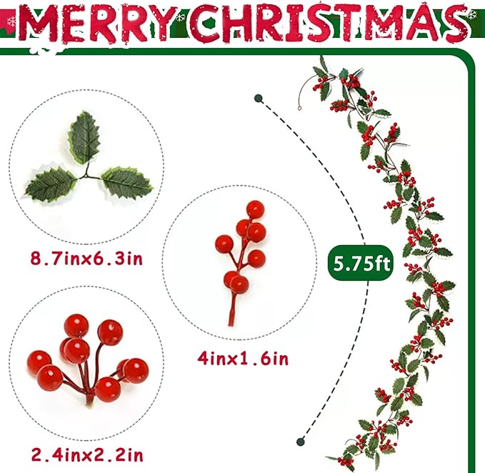 Christmas Garland Decorations, Artificial Berry Garland, Realistic Greenery Garland for Staircase, Mantle, Banister, Fireplace, Wall, Door, Table, Indoor & Outdoor Holiday Xmas Decor 5.75 FT