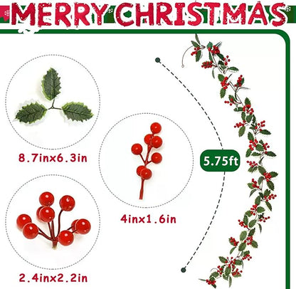 Christmas Garland Decorations, Artificial Berry Garland, Realistic Greenery Garland for Staircase, Mantle, Banister, Fireplace, Wall, Door, Table, Indoor & Outdoor Holiday Xmas Decor 5.75 FT