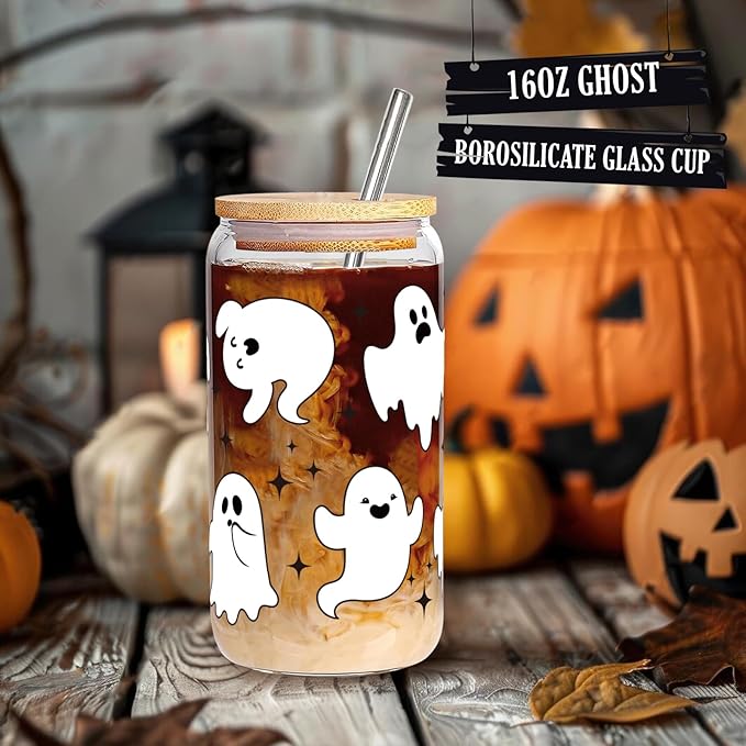 Boo Basket Stuffers for Women, Halloween Gifts for Women Girls Adults, Spooky Gifts Basket, Halloween Glass with Lids Straw, Cute Spooky Glass Gift for Woman Her Sister Friend