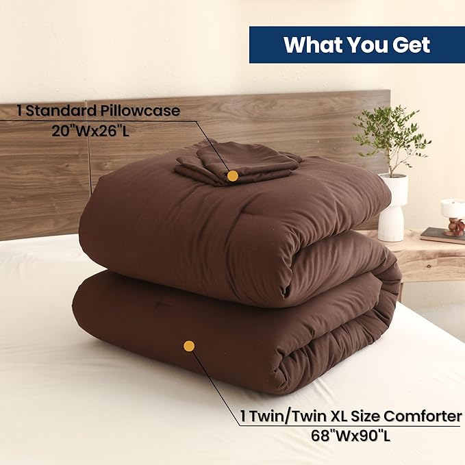 Paxrac Earthy Brown Comforter Twin/Twin XL Size, Neutral 2 Pieces Comforter Set, Lightweight Solid Bedding Set, All Seasons Soft Fluffy King Comforter Set (68x90In Comforter & 1 Pillowcase)