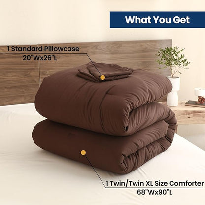 Paxrac Earthy Brown Comforter Twin/Twin XL Size, Neutral 2 Pieces Comforter Set, Lightweight Solid Bedding Set, All Seasons Soft Fluffy King Comforter Set (68x90In Comforter & 1 Pillowcase)