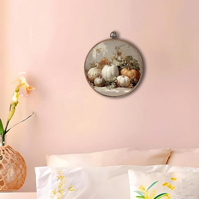 Hxlac Vintage Fall Pumpkin Maple Leaves Round Wall Art Framed, Fall Halloween Pumpkin Round Wall Decor, Vintage Autumn Hanging Canvas Prints Wall Sculptures for Farmhouse Home Decor, 10x10 Inch