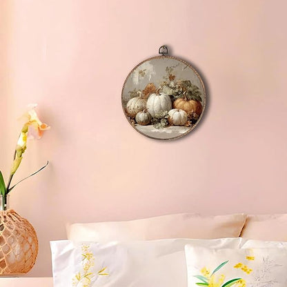 Hxlac Vintage Fall Pumpkin Maple Leaves Round Wall Art Framed, Fall Halloween Pumpkin Round Wall Decor, Vintage Autumn Hanging Canvas Prints Wall Sculptures for Farmhouse Home Decor, 10x10 Inch