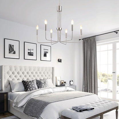 6 Lights Brushed Nickel Chandeliers for Dining Room - Modern Farmhouse Chandelier for Entryway Foyer Rustic Industrial - Dining Light Fixture High Ceiling for Bedroom Kitchen Vintage Silver