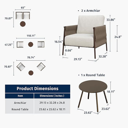 EAST OAK 3-Piece Patio Furniture Set Outdoor Seating Furniture with Cushions | Deep Seating Modern Conversation Set | Garden, Porch, Balcony & Backyard | Chestnut & Apricot