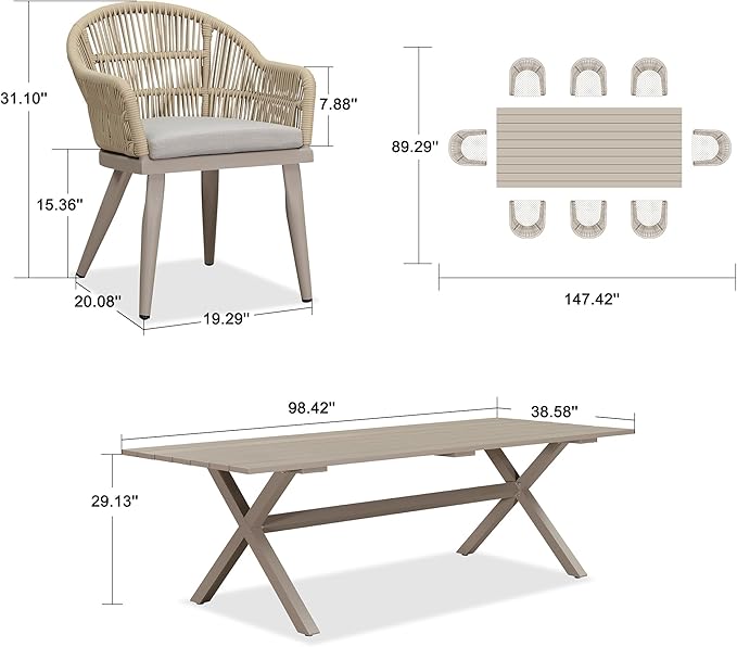 PURPLE LEAF 9 Piece Longer Patio Dining Set with Outdoor Aluminium Dining Table and Woven Chairs Modern Metal Furniture Cushions Sets for Garden Yard Indoor Decor Kitchen Champagne