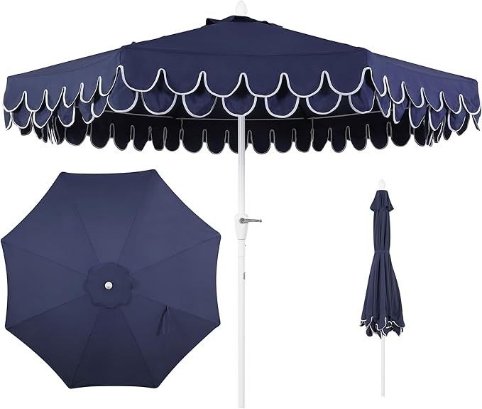 JONATHAN Y UMB1002G Tracy 9 ft. Classic MidCentury Scalloped Fringe Market Patio Umbrella with Auto-Tilt Crank, Wind Vent and UV Protection in Navy/White, White Pole