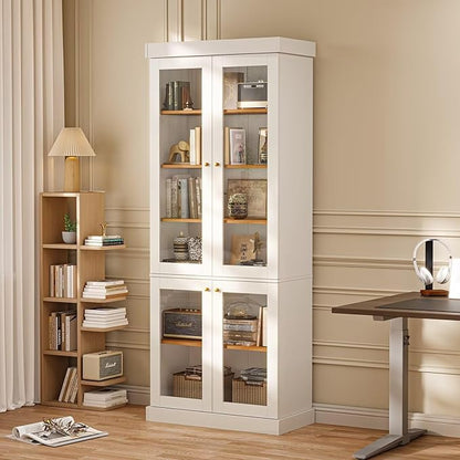 Vyre 70.8" Tall White Bookshelf with Glass Doors, Farmhouse Modular Bookcase with 6-Tier Adjustable Shelves, Large Storage Cabinet for Home Office, Living Room