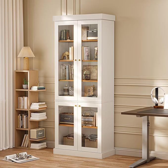 Vyre 70.8" Tall Farmhouse Bookshelf with Glass Doors, Modular Bookcase with 6-Tier Adjustable Shelves, Large Storage Cabinet for Kitchen, Living Room, White, Set of 4