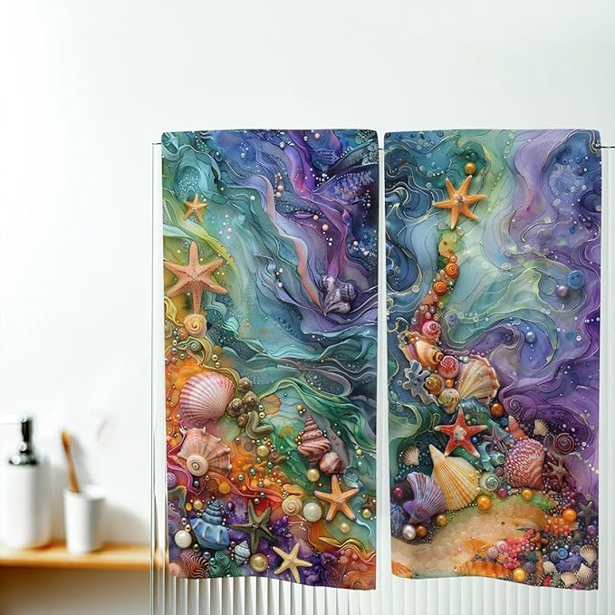 Colorful Beach Kitchen Towels Set of 2 Seashells Starfish Ocean Waves Dish Towels Housewarming Holiday Tabletop Decor Beach