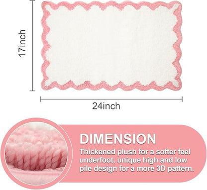 ORTIGIA Small Cute Scalloped Bath Mat, White and Pink Plush Microfiber Scallop Bathroom Rugs Non Slip Washable Quick Dry Absorbent, Bathmat for Shower Stall Vanities Kitchen Floor Entrance, 17x24