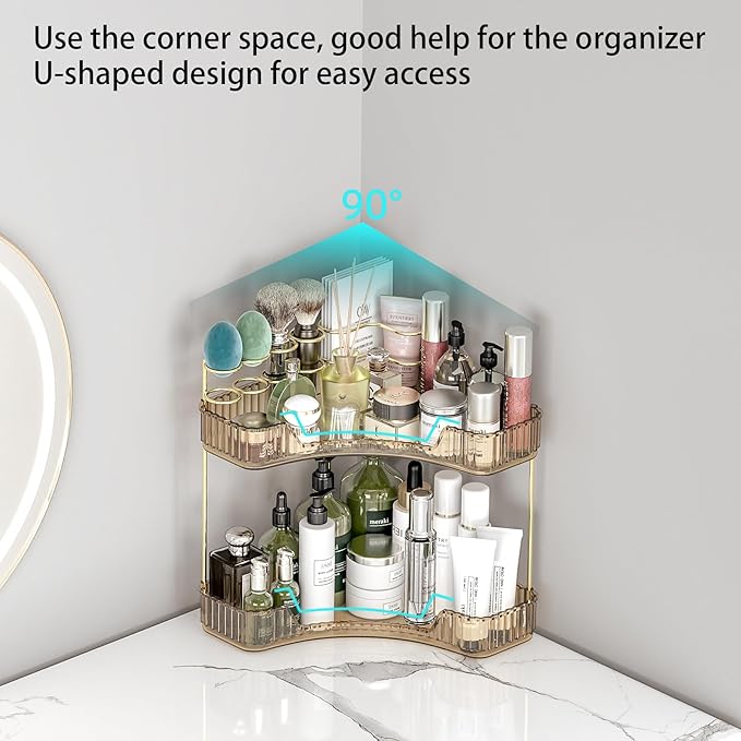 Corner Bathroom Counter Organizer with Top Toothbrush Holders, 2-Tier Make Up Organizers for Vanity with Brush Holder, Corner Storage for Bathroom, Kitchen, Dresser