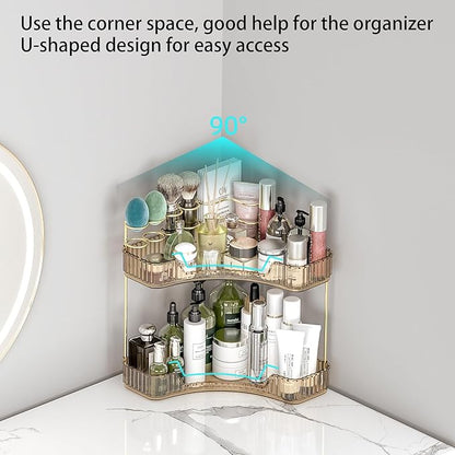 Corner Bathroom Counter Organizer with Top Toothbrush Holders, 2-Tier Make Up Organizers for Vanity with Brush Holder, Corner Storage for Bathroom, Kitchen, Dresser
