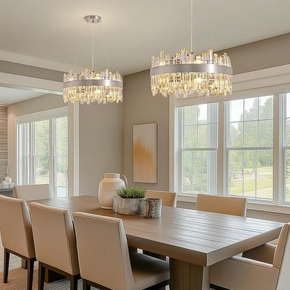 Siljoy 19.7'' Modern Crystal Chandelier for Dining Room, Luxury 2-Tiers K9 Crystal Raindrop Chandelier Flush Mount Dimmable Pendant Ceiling Light for Living Room Kitchen Island E12x12, Brushed Nickel
