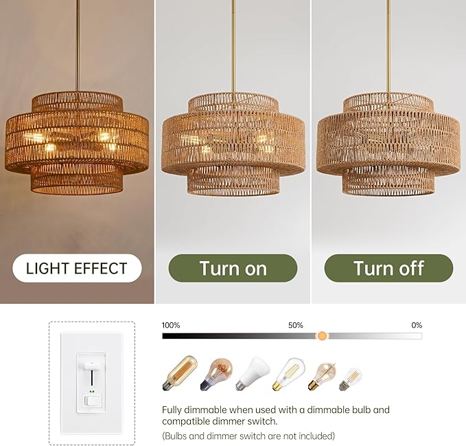 4-Light Boho Rattan Chandelier Light Fixture, 17.7” Hand Woven Rustic Chandeliers Farmhouse Chandelier Hanging Light for Dining Room Kitchen Island, Living Room, Foyer